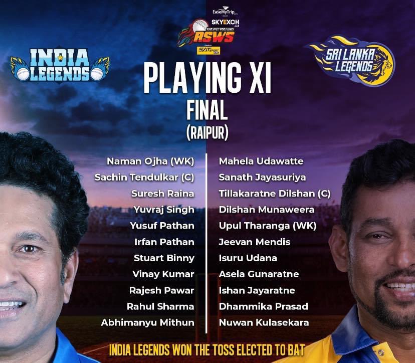 DanuskaAravinda's tweet photo. Final - Playing XI
SL Legends two Changes
Out - Chamara Silva
Chathuranga de Silva
In - Dilshan Munaweera
Dhammika Prasad
#sportspavilionlk #RSWS2022 #SLLvINDL https://t.co/1hTomxJXUj