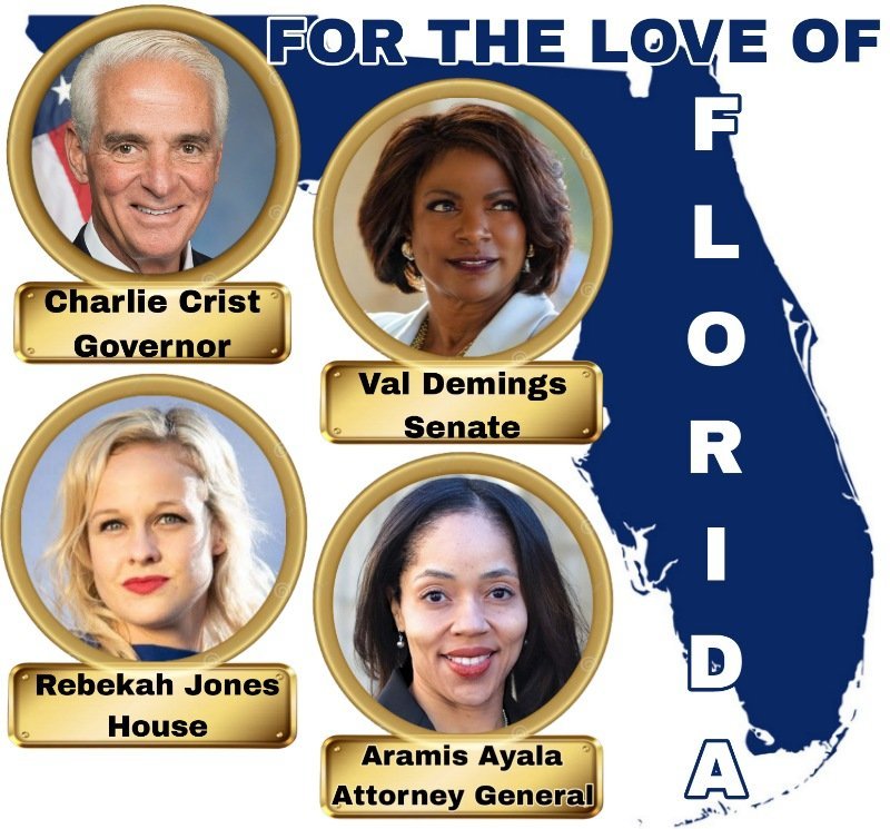 Floridians join the #BlueWave. 

🔹️VOTE <a href="/CharlieCrist/">Charlie Crist</a> to replace Governor DeSantis.
🔹️VOTE <a href="/valdemings/">Val Demings</a>  to replace Sen. Marco Rubio. 
🔹️VOTE #RebekahJones to replace Matt Gaetz.
🔹️VOTE <a href="/AramisAyalaFL/">Aramis Ayala</a> for Attorney General.

Join the 🌊Blue Wave for the love of Florida.