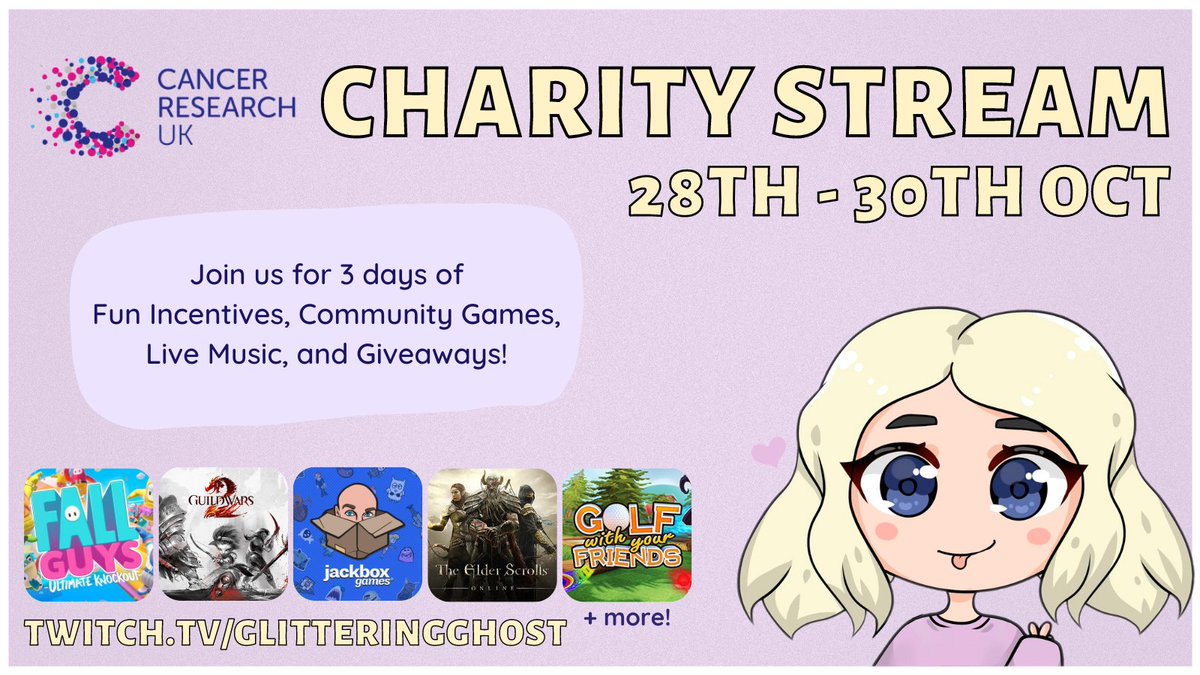 GlitteringGh0st's tweet photo. Happy Spooky Season Ghouls!
At the end of the month, myself and a bunch of wonderful streamers from @ThePugClub are raising money for @CR_UK ✨
 
I'll be streaming October 28th - 30th, so mark your calendars and join us for fun games and live music! 😊 https://t.co/8dvKXXT7iX