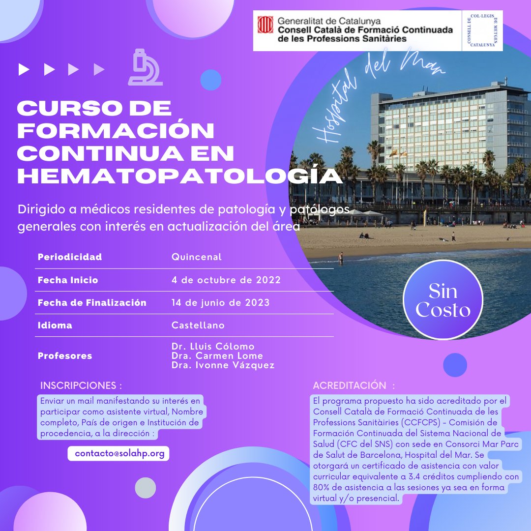 SOLAHP_ORG's tweet photo. Una buena oportunidad para mantenerte actualizado en el área de la hematopatología. Todos los detalles en https://t.co/29EXSV8GGO https://t.co/VeYEzloA0z