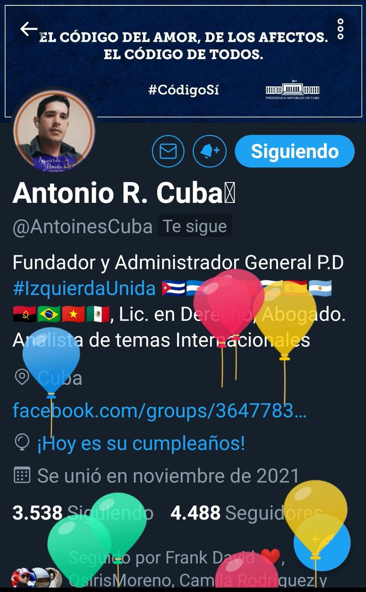 Hoy está de cumple @AntoineMeneses, sí, el Toni que hace poco más de un año ayudó a nacer a esta gran familia que es la #IzquierdaUnida . Muchas felicidades, hermanito. Te celebramos desde el #CorazónRojo. #CubaViveyVence .