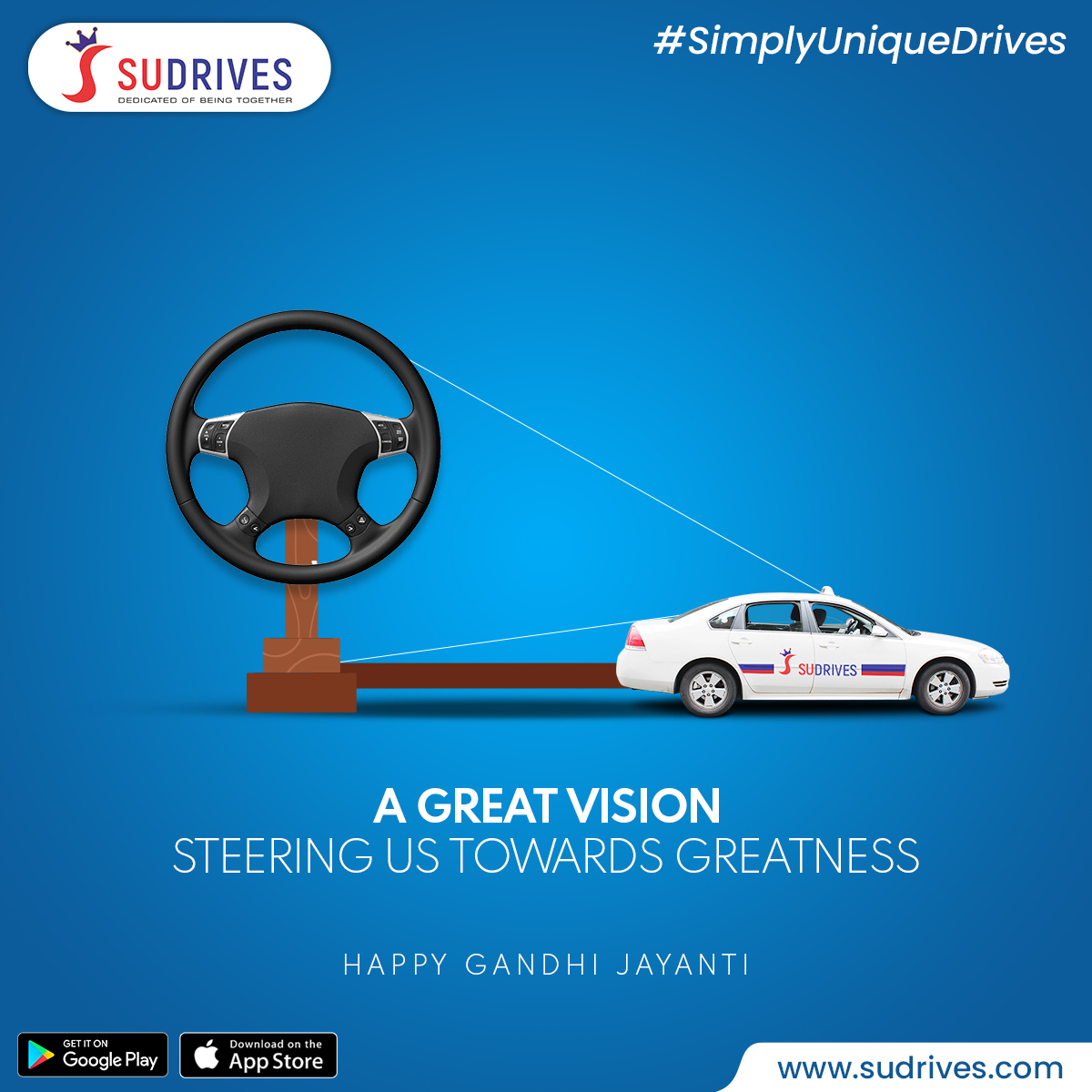 SuDrives's tweet photo. Following the footsteps of Gandhiji, we make the changes we wish to see - reliability &amp; affordability reserved for all.

Download the SuDrives app now - link in bio.
iOS- https://t.co/yqacAwh4T4
Android- https://t.co/n58GeE3YG0 

#SuDrives #SimplyUniqueDrives #GandhiJayanti https://t.co/eW8uaSPVgn