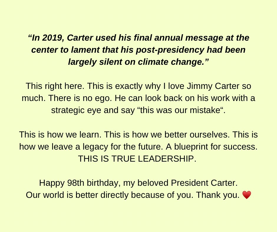 <a href="/ABC/">ABC News</a> <a href="/CarterCenter/">The Carter Center</a> That was a phenomenal article. Thank you for sharing it. And because President Carter’s 98th birthday should not have Twitter limits…