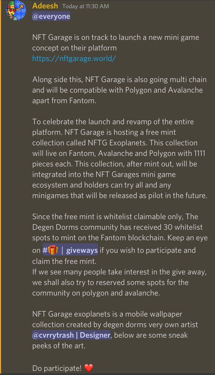 GM degens, 

our friend over at <a href="/NFTGxStonks/">NFT Garage x The Stonk Society</a> are working on cool multi-chain mini-games. 👾

you degens will get a unique chance to claim their WL-only NFTs which will be playable as mini-games! 📈

watch our discord for the WL giveaway tomorrow! 🚀