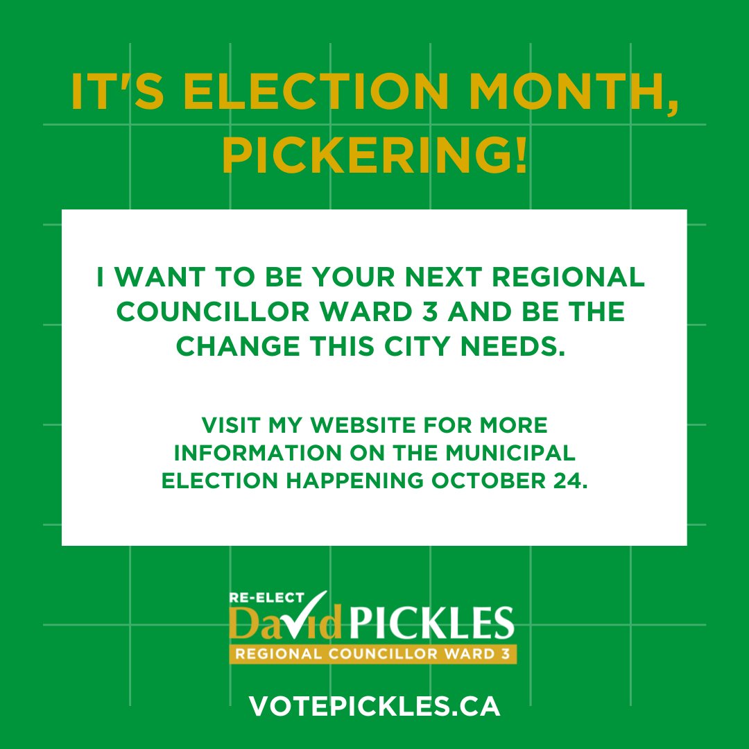VotePickles's tweet photo. It's Election month, Pickering! I want to be your next Regional Councillor Ward 3 and be the change this City needs. Visit my website for more information on the municipal election happening October 24.

#DavidPickles #picklesforpickering #regionalcouncillor #pickering https://t.co/wDvmi6jcip