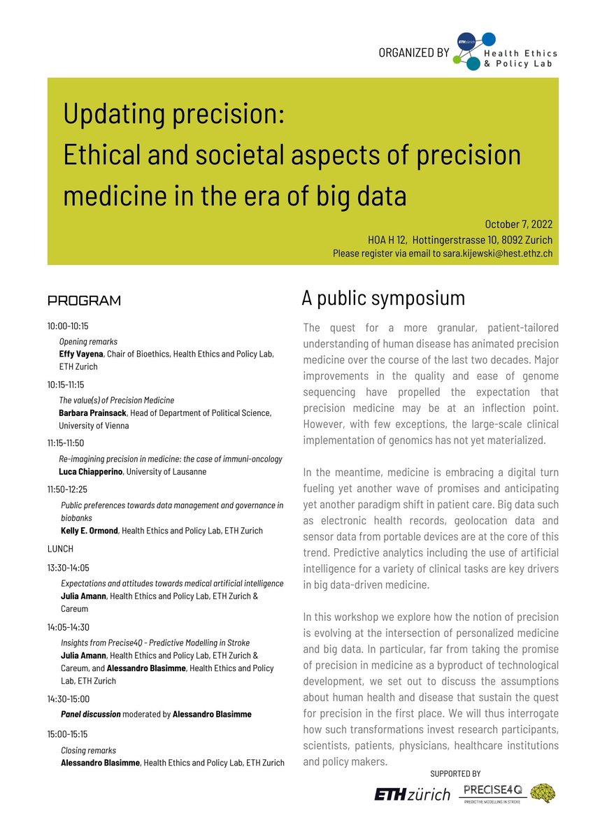 Effy Vayena (@effyvayena) on Twitter photo Looking forward to discussing precision medicine's ethical and societal challenges with <a href="/BPrainsack/">Barbara Prainsack (@bprainsack@c.im)</a> <a href="/amannju/">Julia Amann</a> <a href="/KellyOrmondGC/">Kelly Ormond</a> <a href="/a_blasimme/">Alessandro Blasimme</a> Luca Chiapperino @sarakijewski. If you are in the Zurich area join us- registration required/limited space available. @eth_en @precise4Q Looking forward to discussing precision medicine's ethical and societal challenges with <a href="/BPrainsack/">Barbara Prainsack (@bprainsack@c.im)</a> <a href="/amannju/">Julia Amann</a> <a href="/KellyOrmondGC/">Kelly Ormond</a> <a href="/a_blasimme/">Alessandro Blasimme</a> Luca Chiapperino @sarakijewski. If you are in the Zurich area join us- registration required/limited space available. @eth_en @precise4Q
