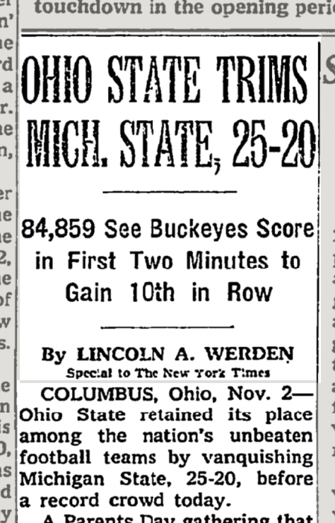 On this date in 1968, Ohio State 25 Michigan State 20. OSU would go on to finish No. 1 in the final AP Poll. #OhioState #Buckeyes #CollegeFootball @ClintKPoppe @BucksFBScholar