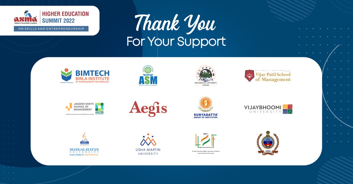 Thank You to Our Partners, Sponsors and Speakers for your support at ASMA Higher Education Summit on Skills &amp; Entrepreneurship - Preparing GenZ for a Fluid World. 

We look forward to your continued association in the future.

#asma #ASMAHES2022 #ASMAHES #thankyou #success