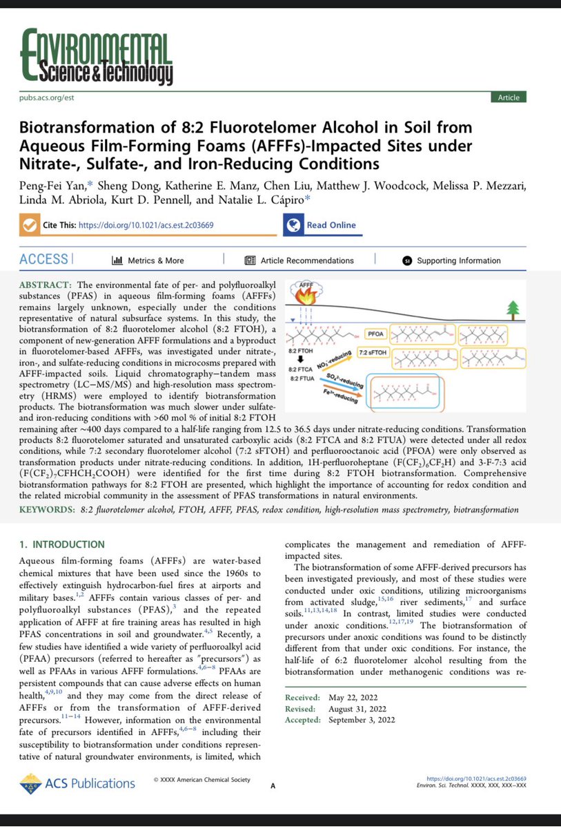 The first of many papers from my group on PFAS biotransformation! We present anaerobic pathways for 8:2 FTOH using microbes from AFFF-impacted soils. More great work coming soon from <a href="/lion_pengfei/">Pengfei Yan</a> and <a href="/Sheng_OoO/">Sheng@AU</a>!