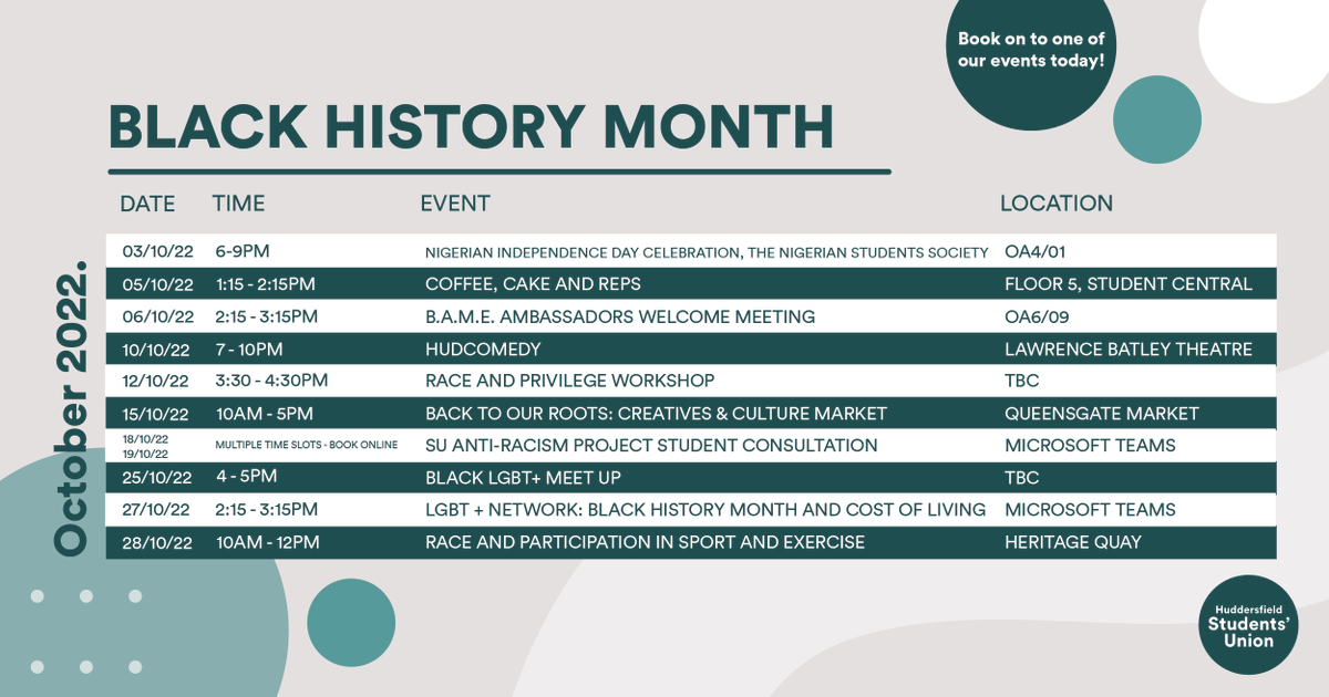 HuddersfieldSU's tweet photo. Saturday 1st October marks the beginning of Black History Month. 

There's a whole programme of events and activities to get involved in. Find out more about our Black History Month events 👉 https://t.co/sPKZoy3Aws https://t.co/N8O3GkCXlV