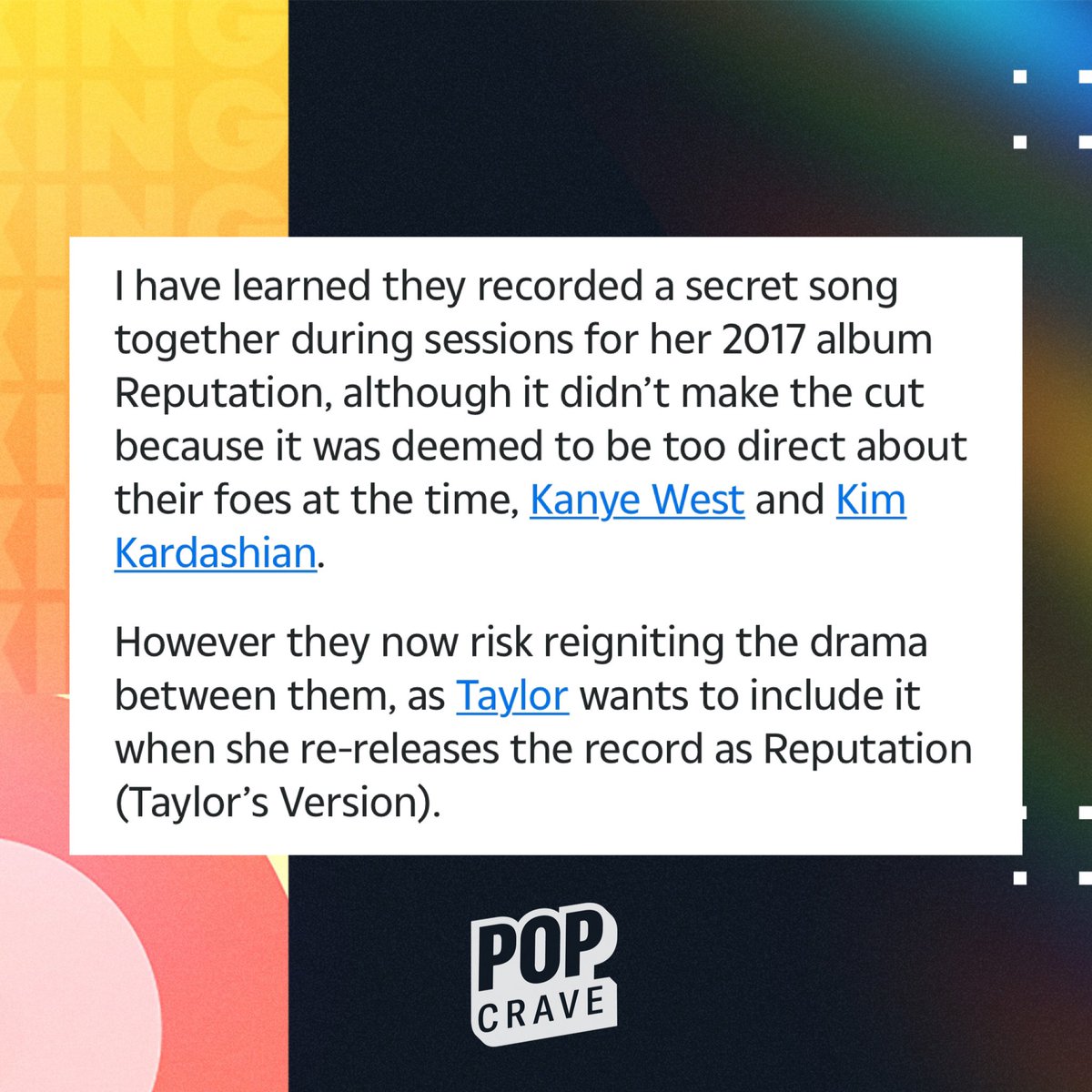 PopCrave's tweet photo. Taylor Swift and Drake reportedly recorded a secret song together during sessions for her 2017 album, ‘reputation.’
According to @TheSun, the collaboration will now be released on ‘reputation (Taylor's Version)’
🔗: https://t.co/NQPPVfcu8S https://t.co/LLUWpLOP6c
