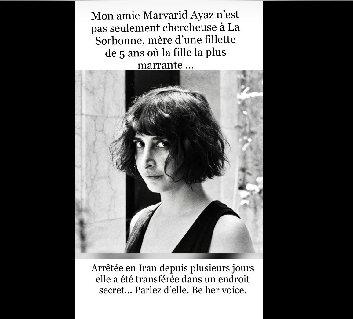 Jul_auteur (@jul_auteur) on Twitter photo Marvarid Ayaz. Mon amie, chercheuse à <a href="/SorbonneParis1/">Université Paris 1 Panthéon-Sorbonne</a> et mère d’une fillette de 5 ans. Arrêtée en Iran il y a plusieurs jours et transférée dans un endroit secret. Parlez d’elle. #behervoice #opIran #womenlifefreedom
<a href="/sup_recherche/">Ministère Enseignement supérieur et Recherche</a> <a href="/education_gouv/">Ministère Éducation nationale</a> <a href="/PapNdiaye/">Pap Ndiaye</a> Marvarid Ayaz. Mon amie, chercheuse à <a href="/SorbonneParis1/">Université Paris 1 Panthéon-Sorbonne</a> et mère d’une fillette de 5 ans. Arrêtée en Iran il y a plusieurs jours et transférée dans un endroit secret. Parlez d’elle. #behervoice #opIran #womenlifefreedom
<a href="/sup_recherche/">Ministère Enseignement supérieur et Recherche</a> <a href="/education_gouv/">Ministère Éducation nationale</a> <a href="/PapNdiaye/">Pap Ndiaye</a>