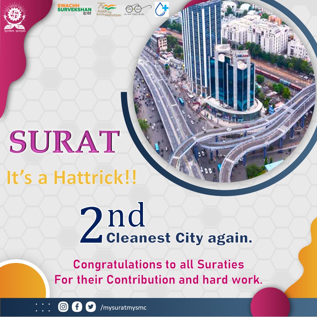 MySuratMySMC's tweet image. It’s a hattrick!! 2nd cleanest city again. Congratulations to all Surtis for their contribution and hard work.