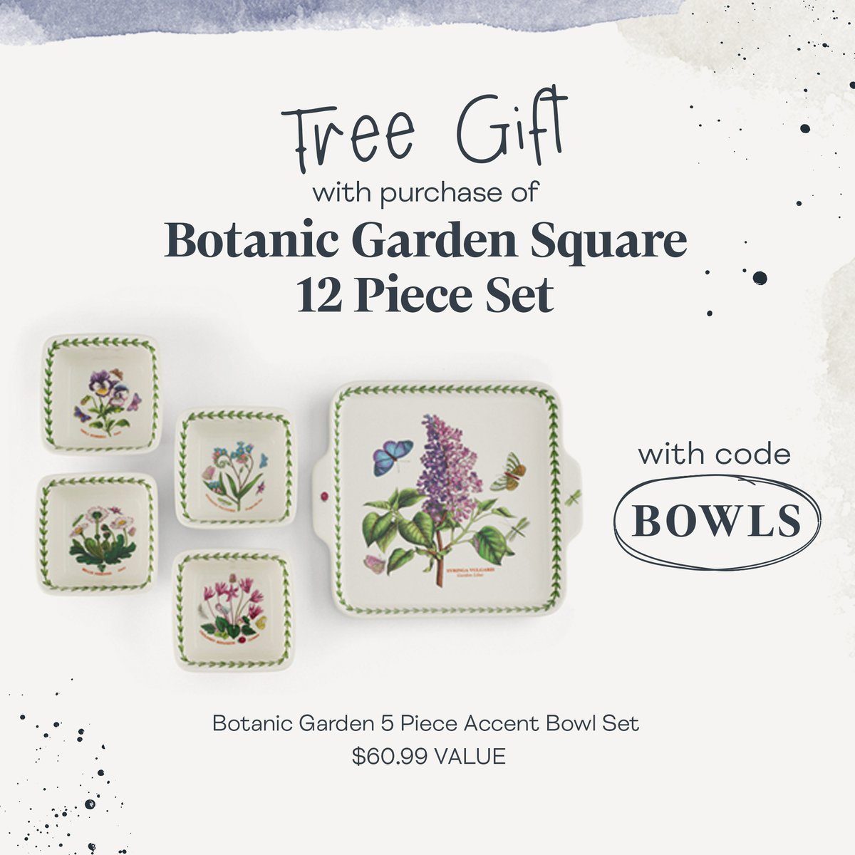 PortmeirionGrp's tweet photo. Square styling with #PortmeirionBotanicGarden. This weekend, get the Botanic Garden 5-Piece Accent #BowlSet free when you purchase the Botanic Garden Square 12-Piece #DinnerSet with code: BOWLS. https://t.co/t8VCNUJmBY https://t.co/n9m856wtkF