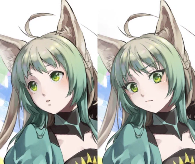 アタランテの描き直しビフォーアフター。恥ずかしいのでフタします今の自分の中で描くアタランテはキリッとした目つきのイメージで そういう風に描き直したいなと思ったので、ガッツリ大改造しちゃいました。輪郭と前髪も弄ってます。 