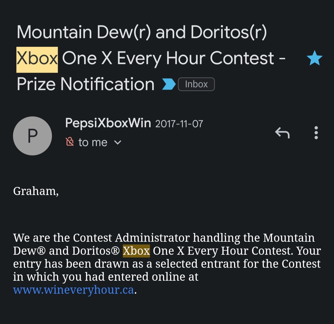 GTM618's tweet photo. Going through some old emails and found the notifications from 2017 when I rejoined the #Xbox world after winning @BestBuyCanada @BBYC_Gamers #RoadToE3 contest and getting an Xbox 1 S bundle. Few months later winning @DoritosCanada Xbox 1 X ever hour contest. Had 4k GS to start. https://t.co/KSgVgaubjS