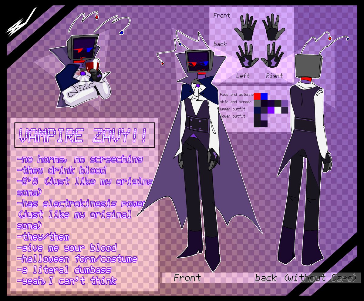 Zavixel's tweet image. Halloween version of zavy YIPPEEEE!!!!! 
#tvhead #vampire #purple #objecthead #refsheet #ref #oc #sona #halloween #vampireoc #zavy #socool #electrokinesis #robot #anger #ocref