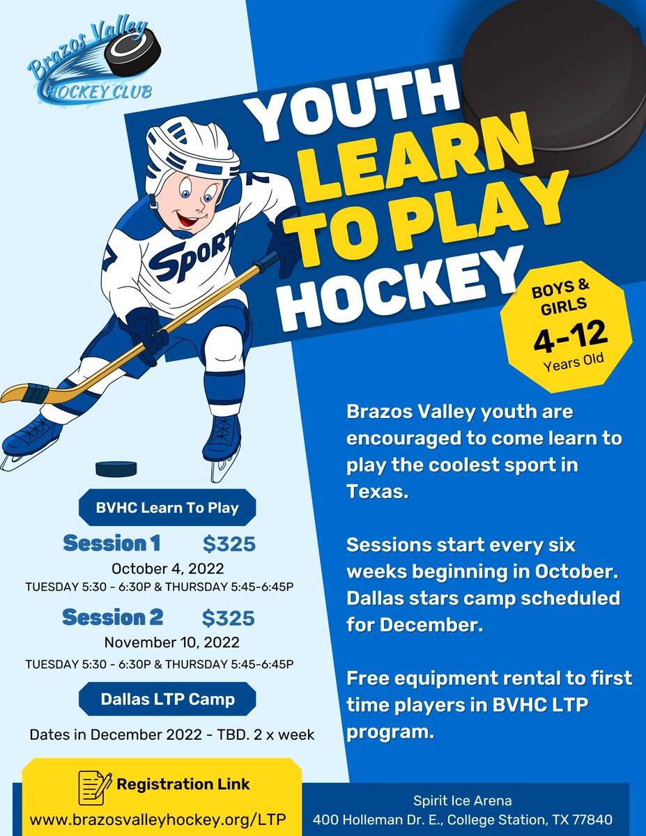 Our Next Learn to Play session starts next week! Learn more at brazosvalleyhockey.org/ltp