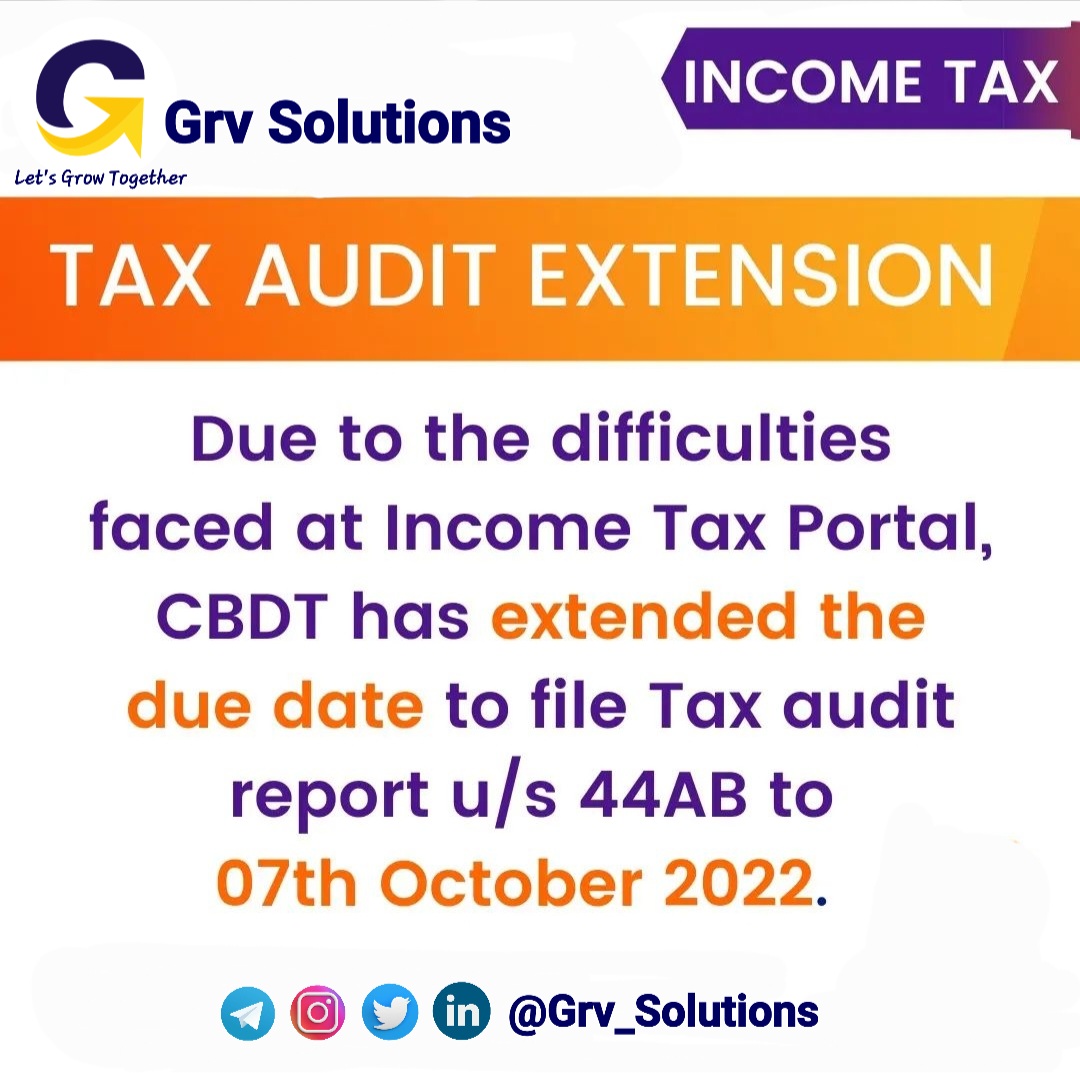 Audit Date Extended to 7 Oct 2022
@grv_solutions - Let's Grow Together 
#IFF #tax #Taxfacts #Incometax #taxation #taxservices #Taxforgrowth #Taxfacts #Grv_Solutions #Incometax #AdvanceTax #taxaudit #dateextended #taxauditextension  #taxes