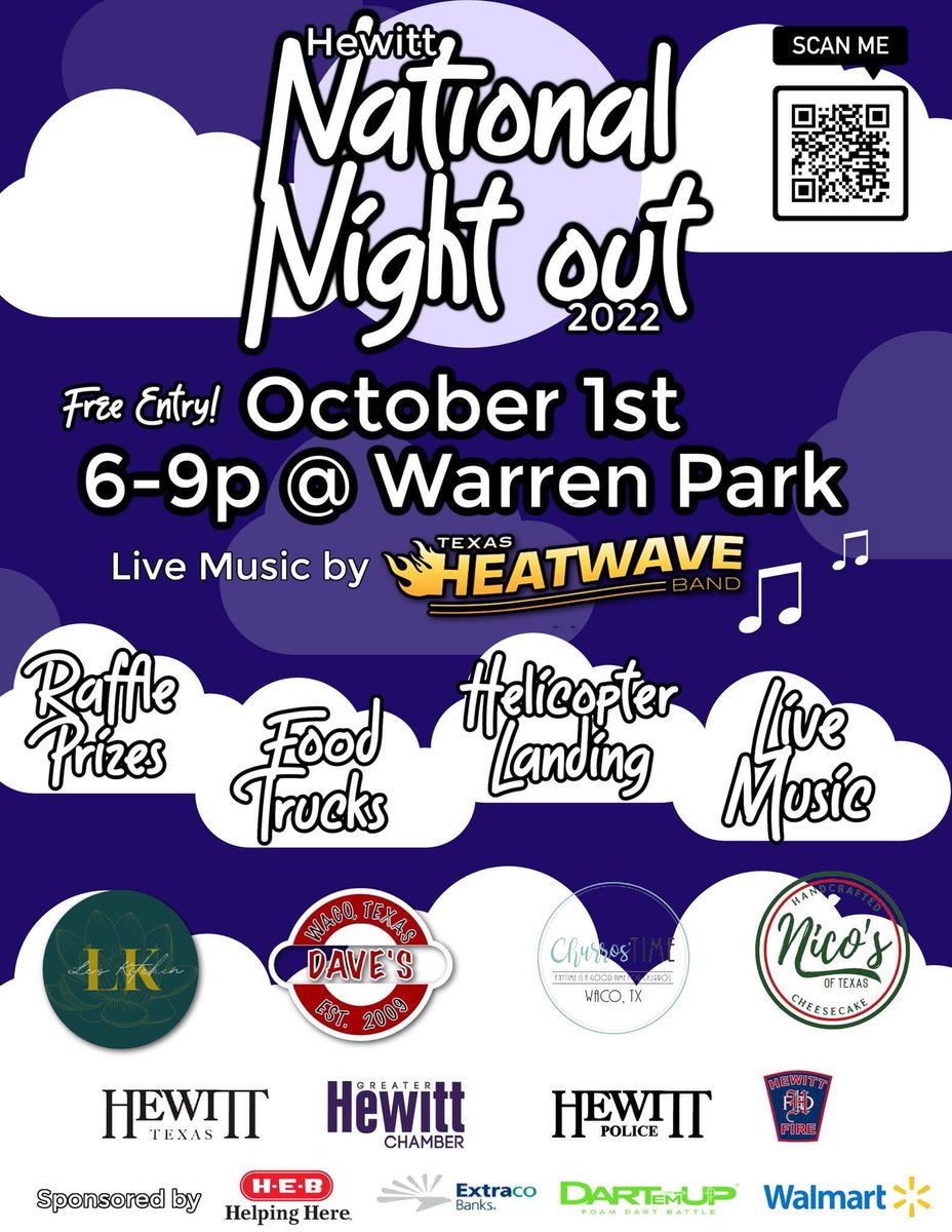 WacoGathering's tweet photo. Come join us for a free, family-friendly event at Warren Park in Hewitt from 6-9, Sat. Oct 1 and enjoy the cooler weather, food trucks, live music &amp; helicopter landing! We will be handing out waters &amp; popsicles under the big blue tent in the center of the park! #nno https://t.co/3OfeY9YkAY