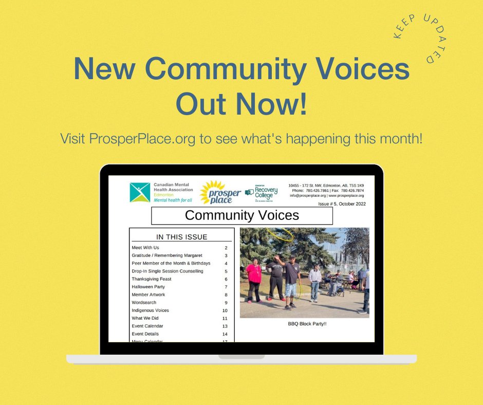IT'S OFFICIALLY FALL 🍂 and we're excited to announce that the newest edition of the Community Voices Newsletter is out!

Check out what we did last month, what's coming up for the month of October and more by visiting ProsperPlace.org!