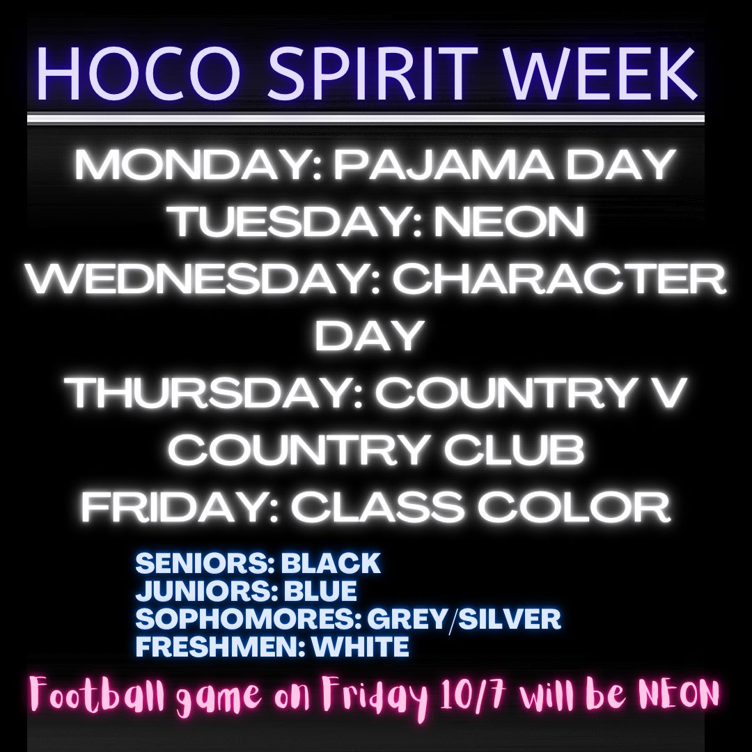 MONDAY STARTS HOCO SPIRIT WEEK!!!
FRIDAYS GAME WILL BE NEON @ HOME @ 7
#HOCOWEEK #BEATLAPLATA 🫡🫡🫡