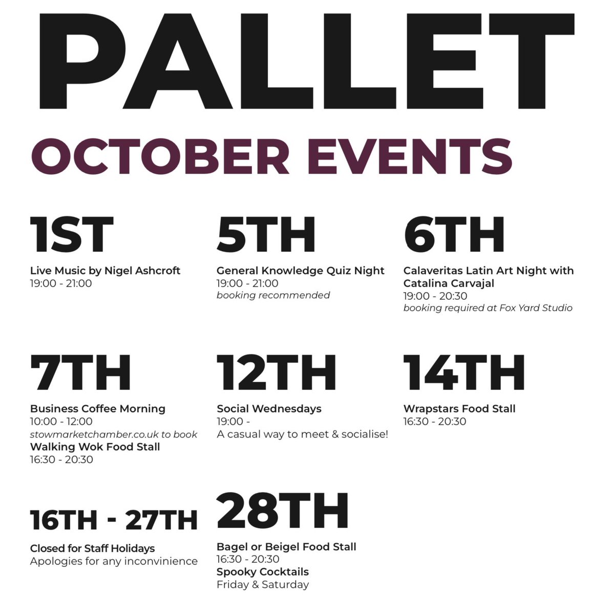 🍁October Events🍁

Starting it off with live music TODAY 7-9PM by the local musician Nigel Ashcroft, singing the songs of James Taylor, Cat Stevens, the Beatles, Simon &amp; Garfunkel, Neil Young, Fleetwood Mac &amp; more!