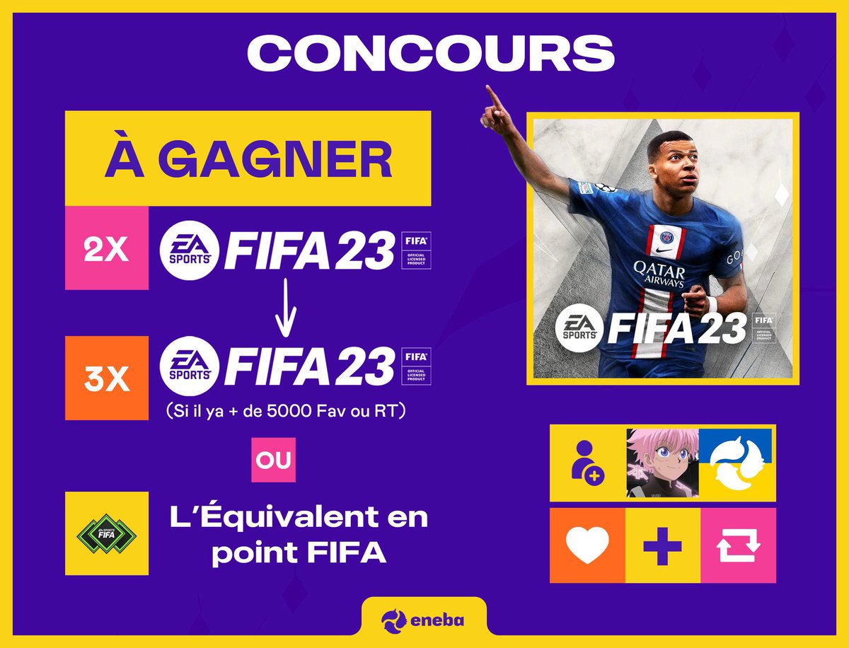 🎁 CONCOURS 🎁

Tentez de remporter FIFA 23 (OU l’équivalent en point Fifa) sur la plateforme de votre choix ! 😮

Pour participer : 
- RT/FAV ce tweet 
- Follow <a href="/EnebaFr/">Eneba_FR</a> et <a href="/Elies13700/">Eliès 🫶🏼</a> 

2 gagnants tirés au sort, 3 si plus de 5 000 fav/rt

⏳ T.A.S le 04/10
À vous de jouer ! 😄
