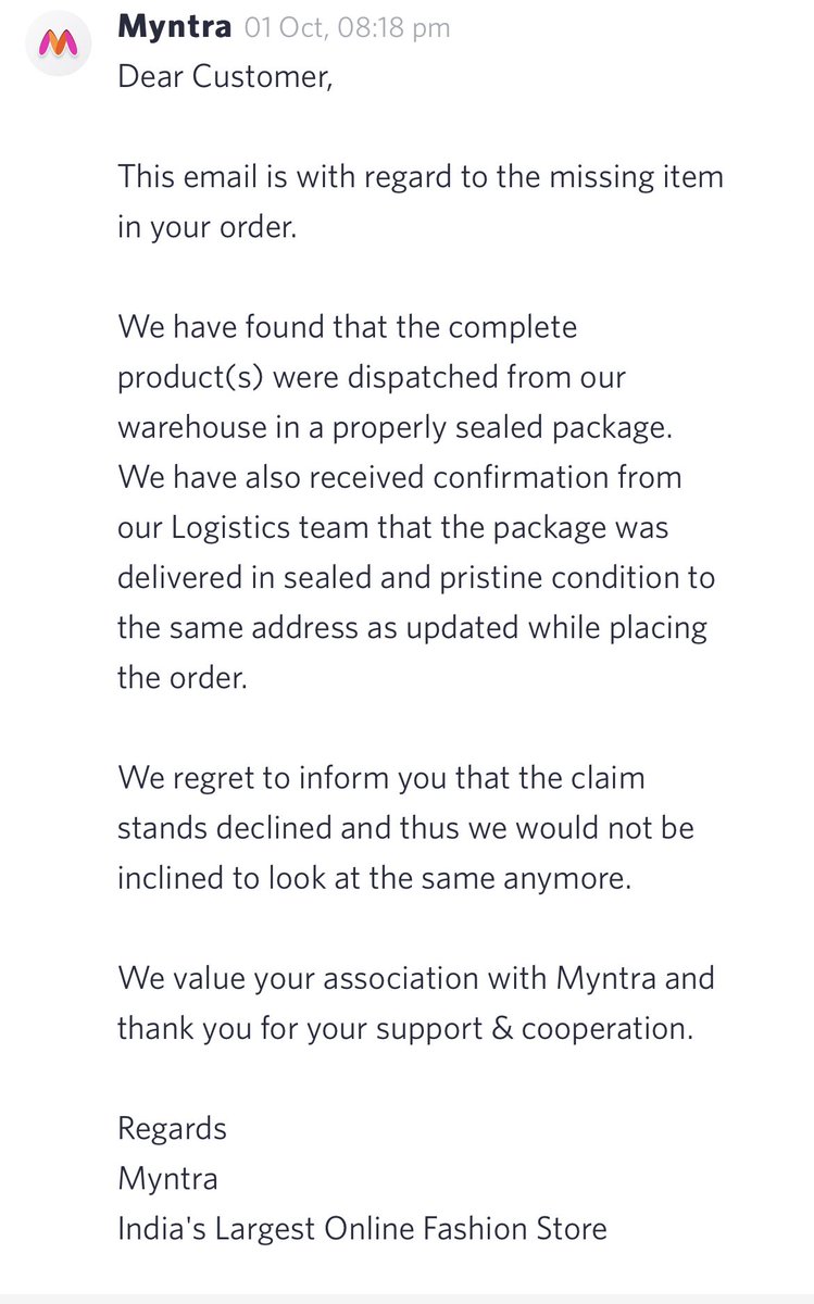 deepaliphadtare's tweet photo. @myntra I placed one order with you. However from that order one item is missing, however @myntra declined to accept this claim, indirectly implicating me as deceiver. This is kind of service you are providing to your customers. This is outrageous. https://t.co/BCk5zqqz85