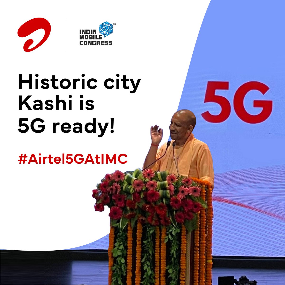 airtelindia's tweet photo. We are thrilled to be joined by the Honourable Chief Minister Yogi Adityanath to celebrate Kashi as among the first cities to witness 5G. #Airtel5GAtIMC #IMC2022 #5GIndia https://t.co/I3jKGVoajA