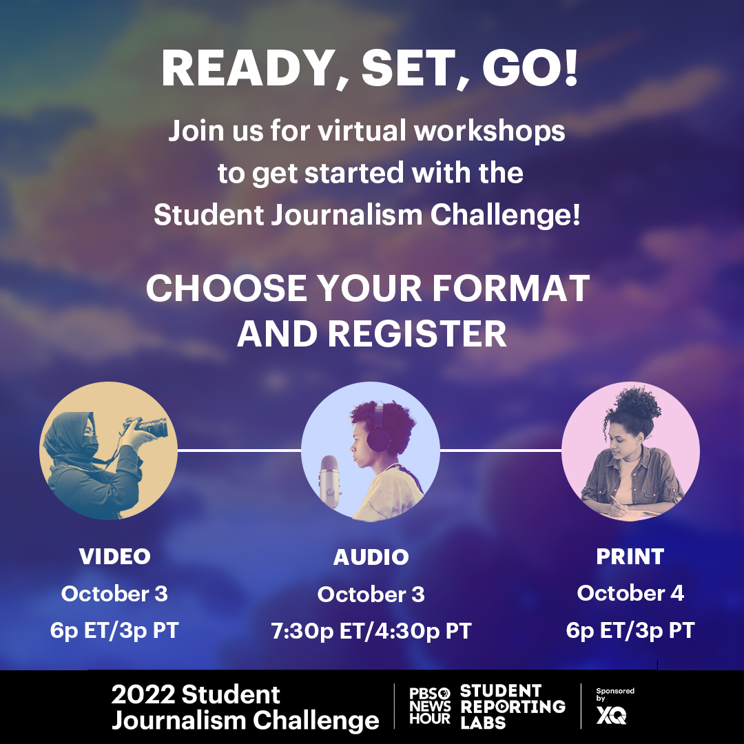 Ready, Set, GO! Join us for virtual workshops in October to get started with the Student Reporting Labs #StudentJournalismChallenge! Choose your format and register here: bit.ly/3xVqI3t #youthvoice #challenge #education #teens #edchat