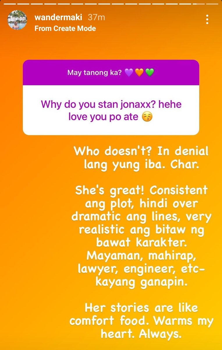exquisiteura's tweet photo. "why do you stan jonaxx" 

Makiwander: who doesn't? In denial lang yung iba. Char. She's great. Consistent ang plot, hindi over dramatic ang lines, very realistic ang bitaw ng bawat character. Her stories are like comfort food. Warms my heart. Always. 🤍 https://t.co/LrvTeMxswC