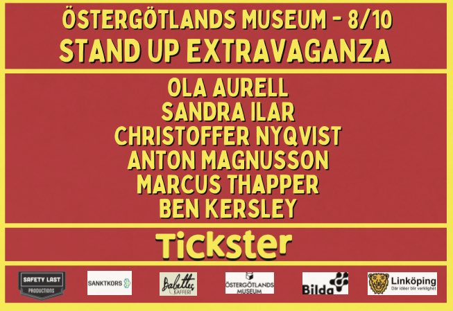 LINKÖPING!
En vecka kvar! Stand up extravaganza 8/10 med <a href="/sandrailar/">Sandra Ilar</a> <a href="/ChristofNyqvist/">Christoffer Nyqvist</a> <a href="/Anton_MrCool/">Anton Magnusson</a> <a href="/Marcusthapper/">Förträfflig Djävulshäst - Supercupmästare 🏆</a> <a href="/BenKersley/">Ben Kersley</a> &amp; Ola Aurell 

secure.tickster.com/sv/ffz6372rrc2…