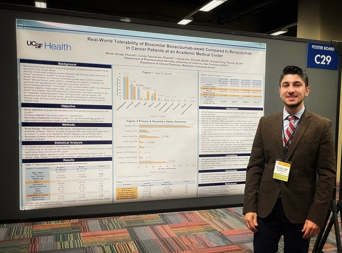 Grateful for the opportunity to present at ASCO Quality Care Symposium “Real-world Tolerability of Biosimilar Bevacizumab-awwb Compared to Bevacizumab in Cancer Patients at UCSF Health” A big shout out to my amazing mentors Richard Fong, Candy Tsourounis and Hanson Ho #ASCOQLTY22