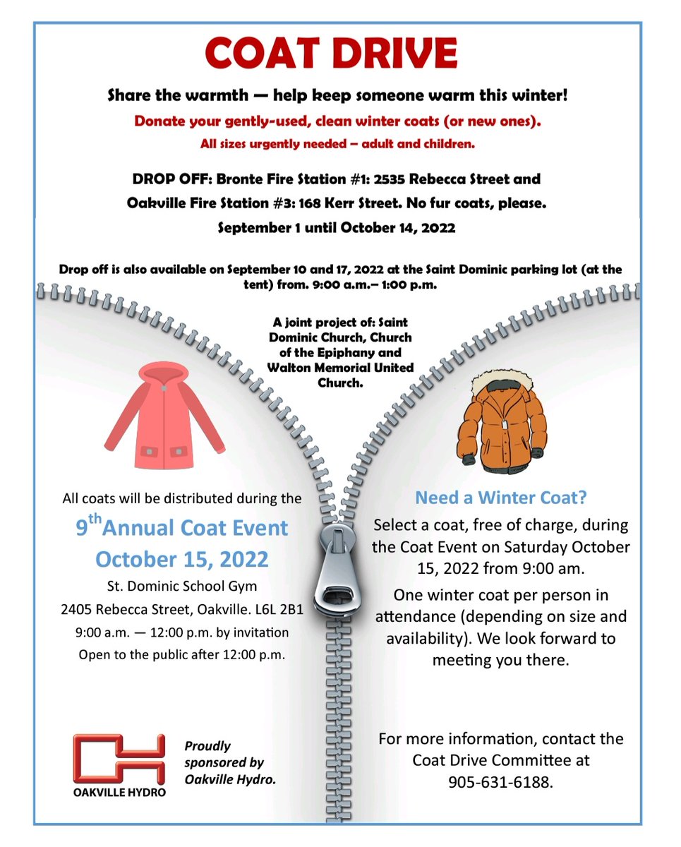 Annual Coat Drive <a href="/StDominicChurch/">Saint Dominic Church</a> Drop off coats, hats, mits, scarves Oct. 1 till noon and Oct. 8 from 10 - noon in the parking lot. 2415 Rebecca St. With @waltonunitedchurch and @churchoftheepiphany