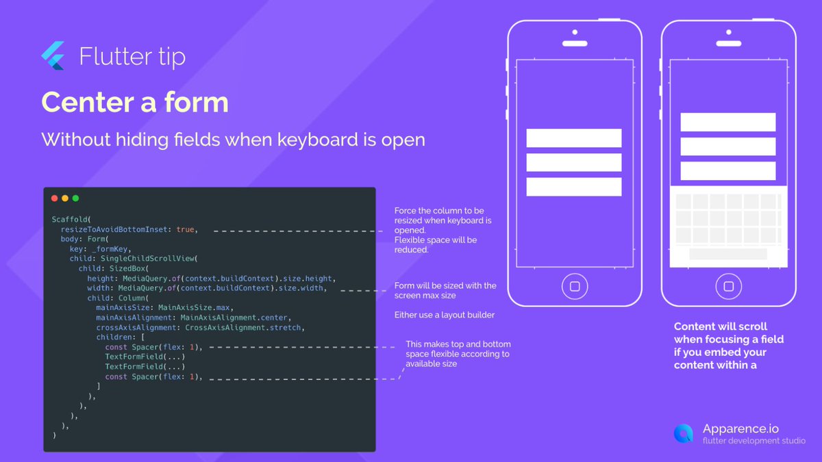 mcflyDev's tweet image. 🧐 Flutter tip 55
Center a form without hiding fields when the keyboard is opened
#flutterdev #flutter #fluttertip