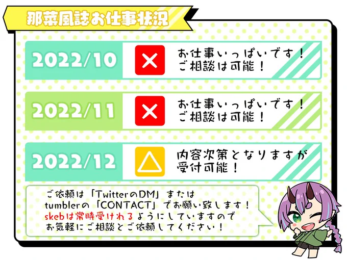 【お仕事状況】2022/10～2022/12(10/2更新)
お仕事いっぱいの月でもご相談は聞くことが可能ですのでお気軽にご連絡ください!
依頼のご相談はTwitterのDMまたは下記よりお待ちしております!
【tumbler】
https://t.co/SGqVj26KVF
【skeb】※常時お受けできます!
https://t.co/YkM1KZshf2 