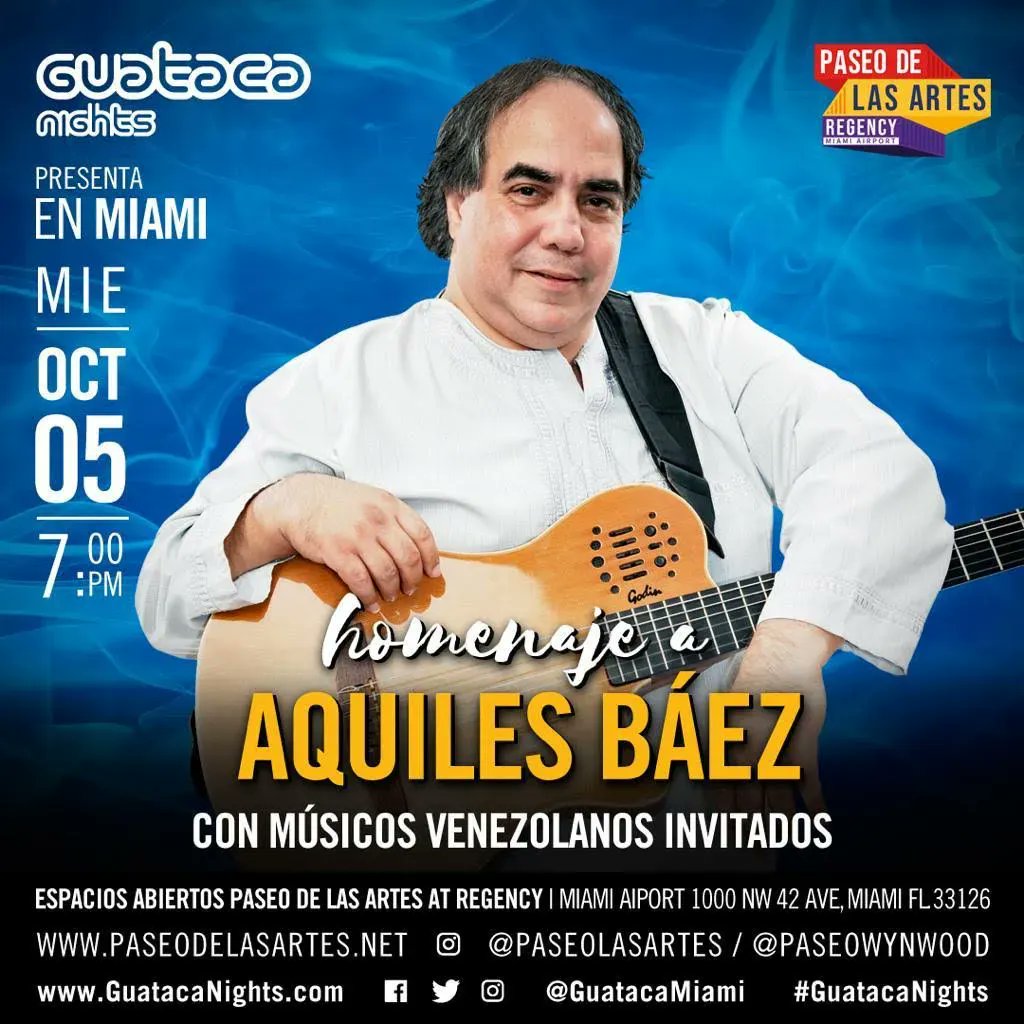 People in Miami, el próximo miércoles celebraremos un homenaje al maestro Aquiles Báez en el Paseo de Las Artes at Regency Miami Airport. Estarán El <a href="/pollobrito/">Rafael Pollo Brito</a>, <a href="/HuascarBarradas/">Huáscar Barradas</a>, <a href="/saul_vera_music/">Saúl Vera</a>, Pablo Gil, <a href="/ItsCesarMunoz/">César Muñoz</a>, Juan Ernesto Laya, <a href="/c4trio/">C4 TRIO</a> y más. ¡Corre la voz!