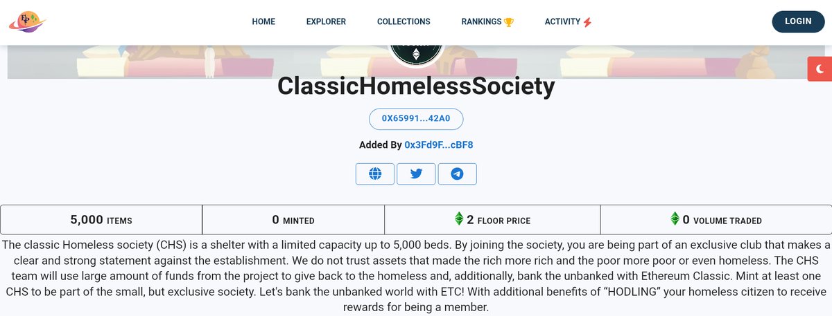 Classic Homeless Society is available on <a href="/etcplanets/">ETCPlanets.ETC</a>. Mint and trade your CHS NFT on our website or on etcplanets.com 💚✌️

👉 classichomeless.com

#EthereumClassic #Ethereum #NFT #NFTartist #Blockchain #Crypto
