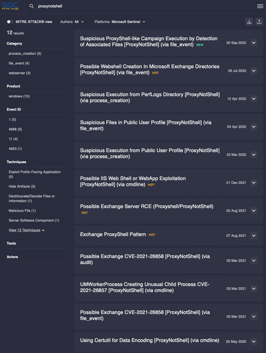 andriinb's tweet image. 12 Sigma rules for CVE-2022-41040 &amp;amp; CVE-2022-41082 aka #ProxyNotShell for Microsoft Sentinel along with MITRE ATT&amp;amp;CK Mapping, strategic, tactical and technical recommendations including logging. Search here, no registration:
socprime.com/rs/search-resu…