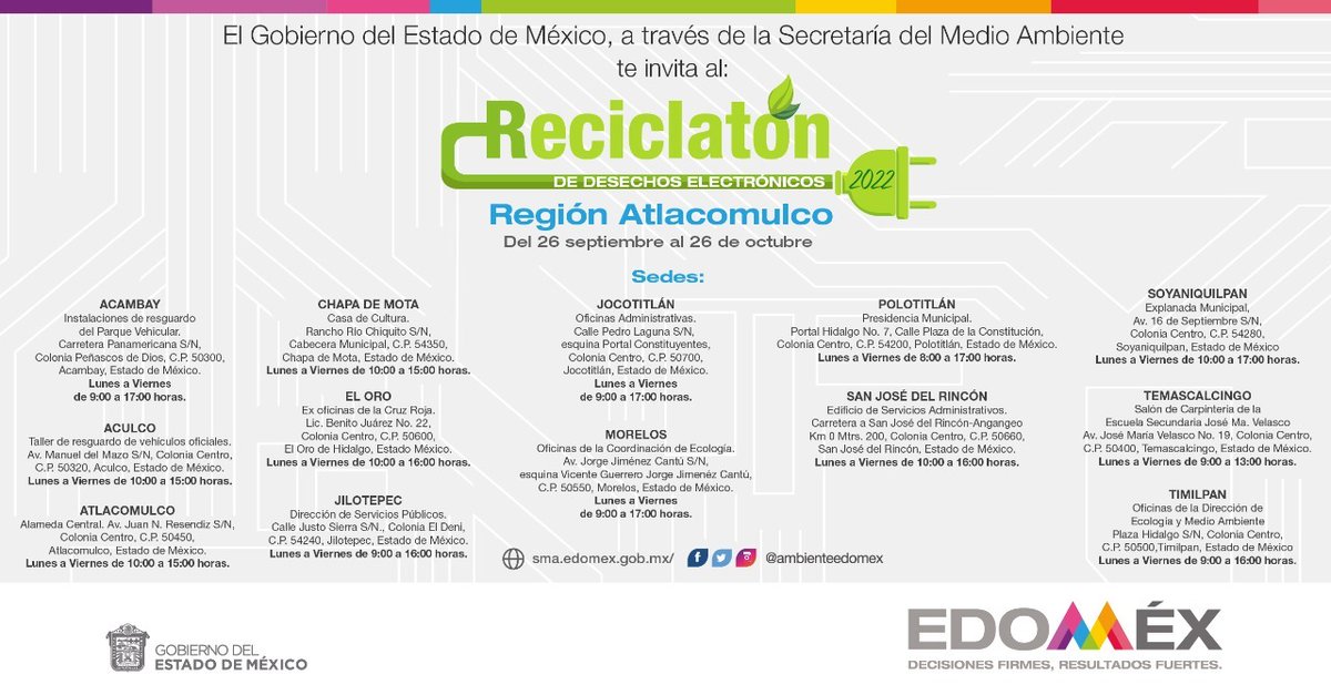 Edomex's tweet photo. Dales una adecuada disposición final a los aparatos eléctricos y electrónicos en desuso, ¡llévalos al #ReciclatonRegional2022! tienes hasta el 26 de octubre. https://t.co/B51qwtyK0G
