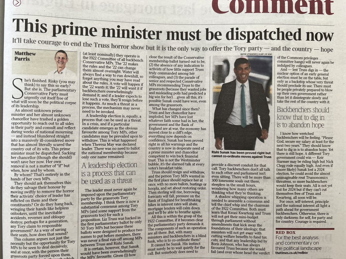 GerryHassan's tweet image. A devastating Matthew Parris on Liz Truss &amp;amp; her brand of toxic Toryism:
"She's finished. Risky (you may think) to say this so early? But she is. The parliamentary Conservative Party must urgently cut itself free of what will soon be the political corpse of its leadership."