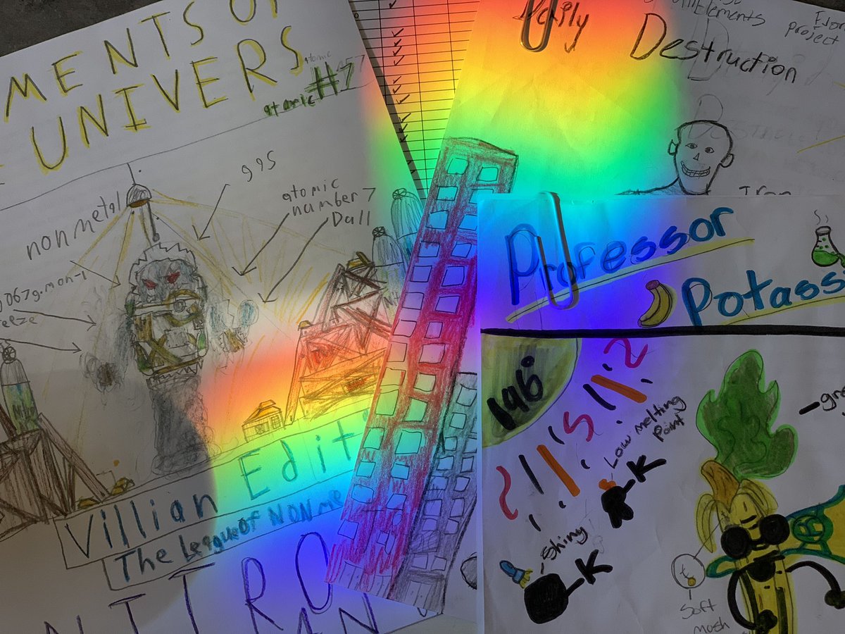 KKuoScience's tweet photo. Finishing up grading these Adorable 6th Grade Element Comic Books is even more fun when the sun hits my prism collection just right! 🌈🥰 https://t.co/SC2KJPZ0S5