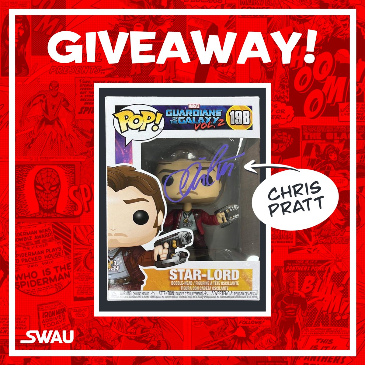 swau_official's tweet photo. Now's your chance to own a Star-Lord Funko POP signed by Chris Pratt!

To enter:
- Follow SWAU
- Like &amp; RT
- Tag 1 friend per comment for extra entries

Good luck, everyone!

#swau #giveaway #funkopop #chrispratt #starlord #marvel #guardiansofthegalaxy #avengers #mcu #peterquill https://t.co/Km3YMj9FBp