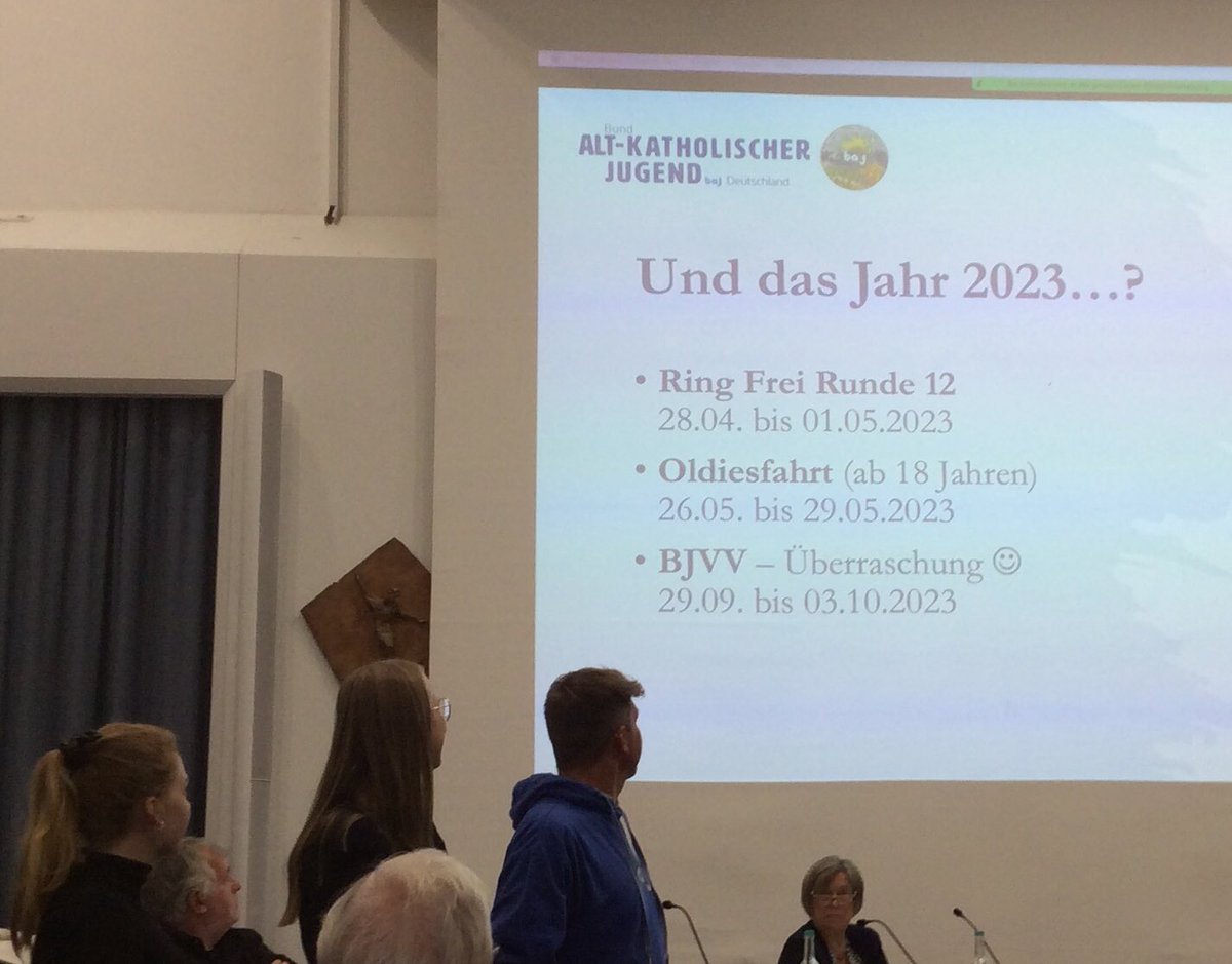 MelArens's tweet photo. Die Termine für die baj Veranstaltungen 2023: Ring Frei 12, BJVV und die Oldiesfahrt ab 18J. (M. Ring fühlt sich jetzt als Grufti) - und ich mich noch ein Stück älter, nachdem Lukas dazu aufgefordert hat, auch Enkelkinder auf die baj-Fahrten aufmerksam zu machen #aksynode https://t.co/x3KxxVbRLl