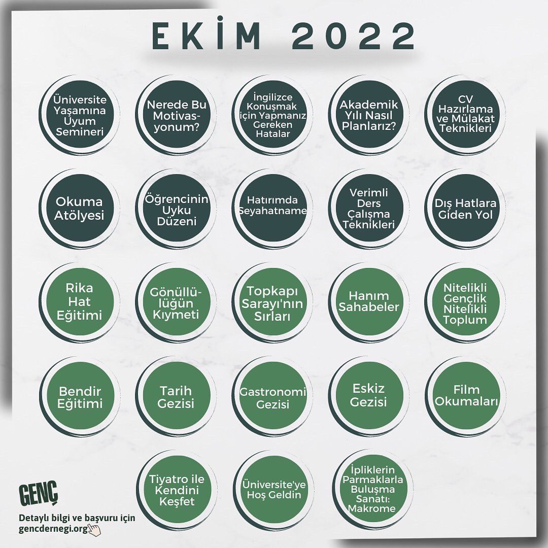 Şehre ve üniversiteye yeni geldiysen, gönüllü programlara ve gençlik çalışmalarına hevesliysen, bana güzel bir mekan lazım; hem akademik hem gönüllü hem de sanatsal etkinlikler bulmalıyım dersen Genç Mekân’a bekleriz! 

#gençmekan #eğitim #gönüllülük #atölye #gezi #filmokumaları