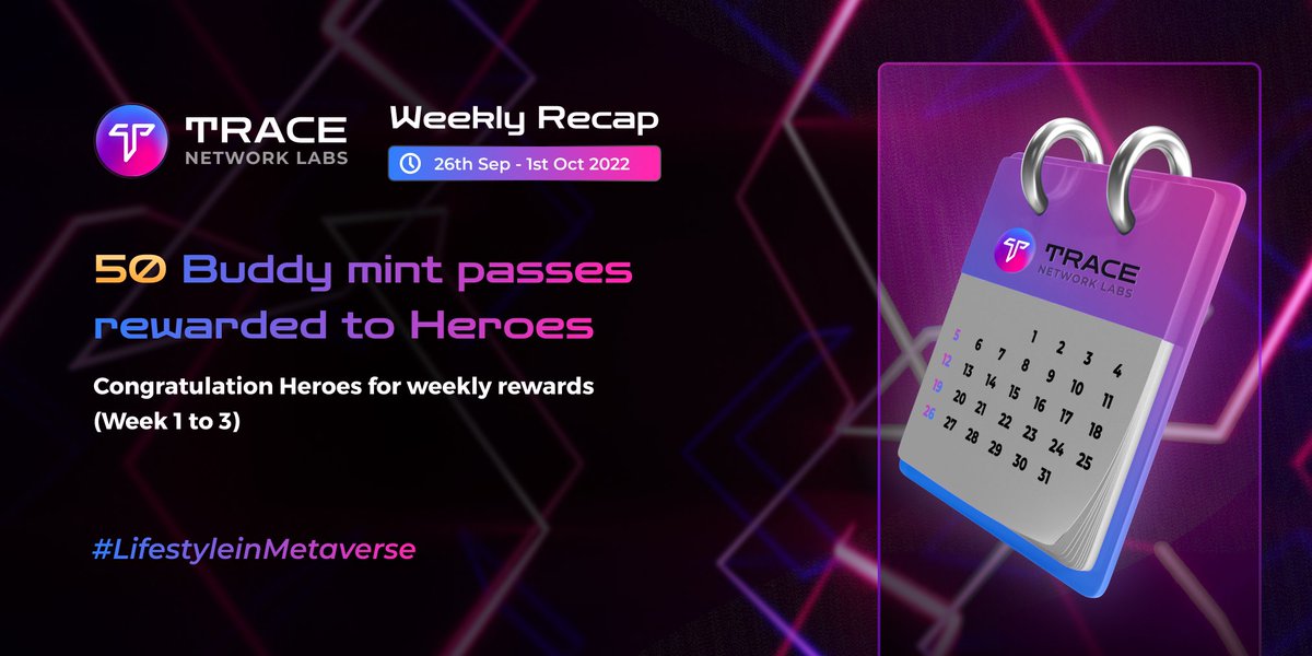 trace_network's tweet photo. 5/ #TraceThisWeek - #BUDDY Mint Passes to Heroes⚡️

As a part of Weekly rewards for #TraceHeroes, we have now distributed over 50 #BUDDY Mint Passes to randomly selected #Heroes..

Welcome the new BUDDYs to #Trace Ecosystem..

🔅Ref: https://t.co/RbrA0cmCIG

#LifestyleInMetaverse https://t.co/GPo4dHWS1w
