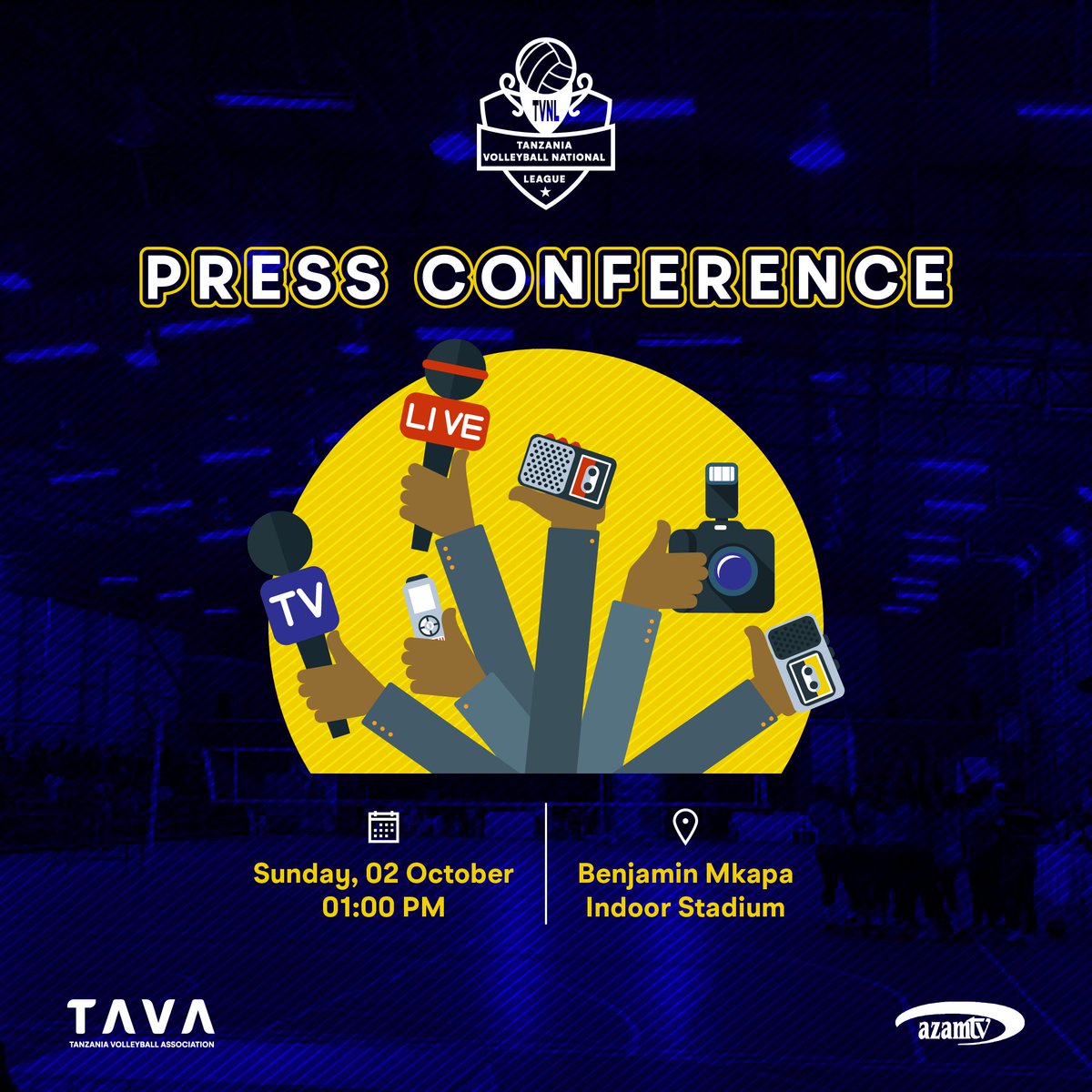 Tanzania Volleyball Federation (@tzvolleyballfed) on Twitter photo #TAVA# #TVNL#
Kuelekea Wiki ya Mwisho
LIGI YA TAIFA YA MPIRA WA WAVU 2022
Usikose Kusikiliza na Kutazama Mkutano na Waandishi wa Habari
Saa saba mchana, Indoor Dsm
Infos
<a href="/magotimtani/">Eng. Magoti Mtani</a>
<a href="/azamtvtz/">Azam TV</a>
<a href="/Eddo142/">Eddo</a>
<a href="/JayleenRickie/">Jayleen π</a>
<a href="/MissChelsea1221/">Miss Chelsea1221</a>
<a href="/earadiofm/">EastAfricaRadio</a>
<a href="/shaffihdauda1/">Shaffih Dauda</a> #TAVA# #TVNL#
Kuelekea Wiki ya Mwisho
LIGI YA TAIFA YA MPIRA WA WAVU 2022
Usikose Kusikiliza na Kutazama Mkutano na Waandishi wa Habari
Saa saba mchana, Indoor Dsm
Infos
<a href="/magotimtani/">Eng. Magoti Mtani</a>
<a href="/azamtvtz/">Azam TV</a>
<a href="/Eddo142/">Eddo</a>
<a href="/JayleenRickie/">Jayleen π</a>
<a href="/MissChelsea1221/">Miss Chelsea1221</a>
<a href="/earadiofm/">EastAfricaRadio</a>
<a href="/shaffihdauda1/">Shaffih Dauda</a>