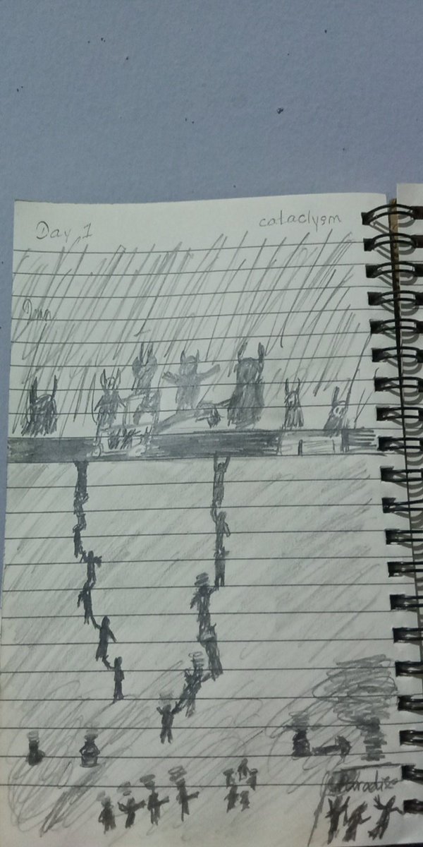 Day 1 cataclysm 
Some people with circles on their heads lead to angel ( some are already died and some are trying to goal). Long people are trying to be free. 
#revotober #WhatsHappeningInMyanmar