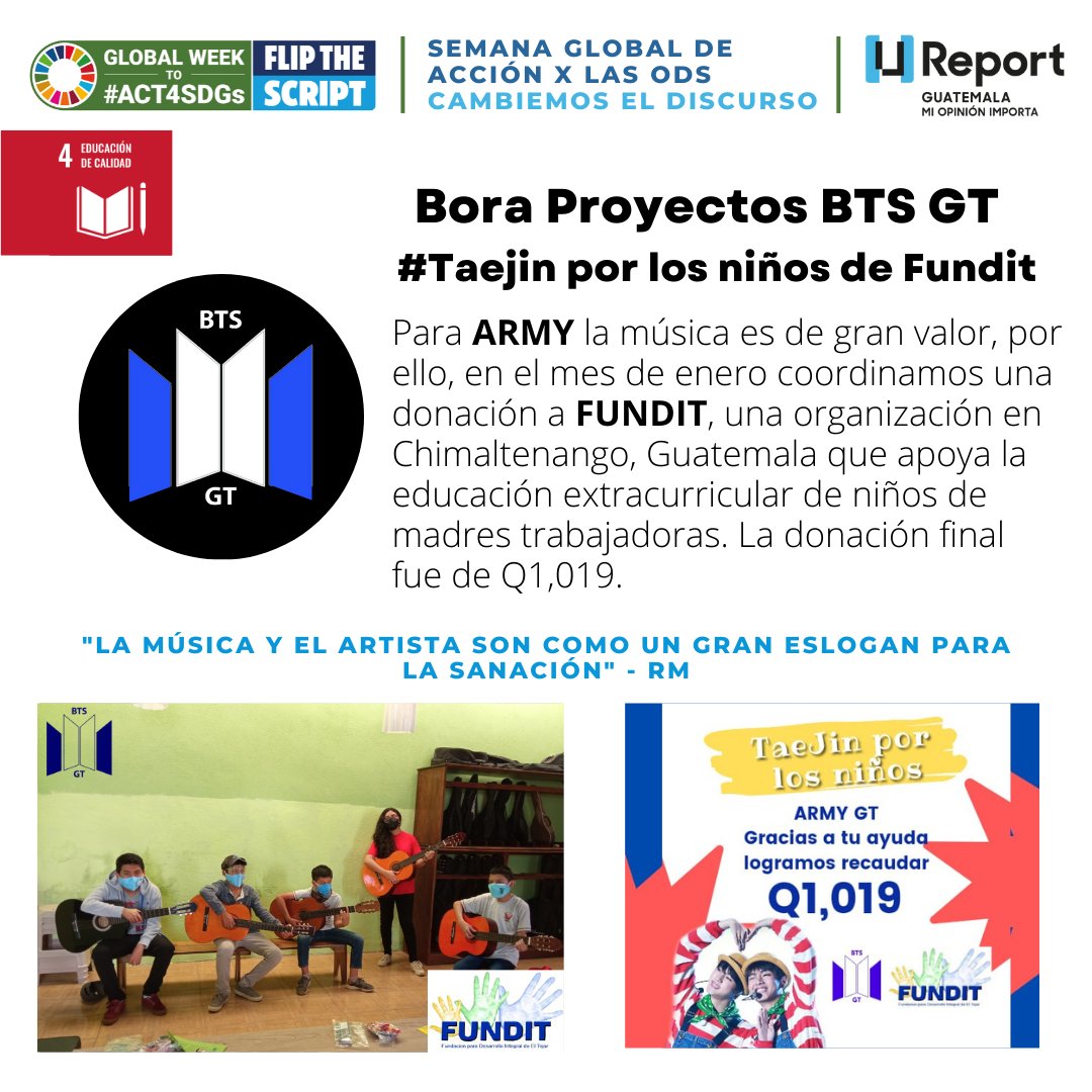 UReportGua's tweet photo. #ODS 4 l EDUCACIÓN DE CALIDAD
En nuestra campaña como comité de u-report para #Act4SDGs 🌎 

Nuestro #cambiaeldiscurso es demostrar todo el trabajo y compromiso que las juventudes de Guatemala realizan día a día en sus comunidades y en sus acciones💙 @BTS_Guatemala https://t.co/9O8LDGgbaH